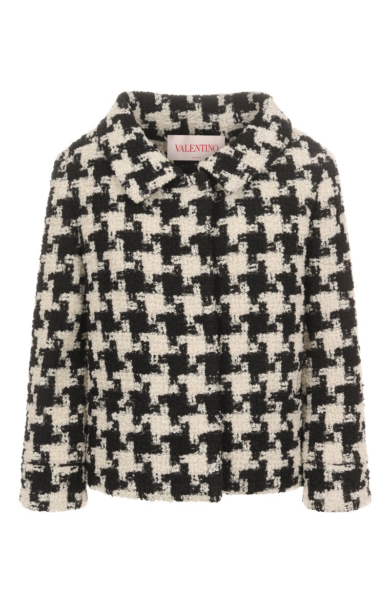 Женский твидовый жакет VALENTINO черно-белого цвета, арт. 6B3CE3Y190P | Фото 1 (Длина (для топов): Стандартные; Рукава: Длинные; Материал внешний: Шерсть; 1-2-бортные: Однобортные; Женское Кросс-КТ: Жакет-одежда; Кросс-КТ: костюм; Стили: Романтичный; Материал подклада: Синтетический материал)