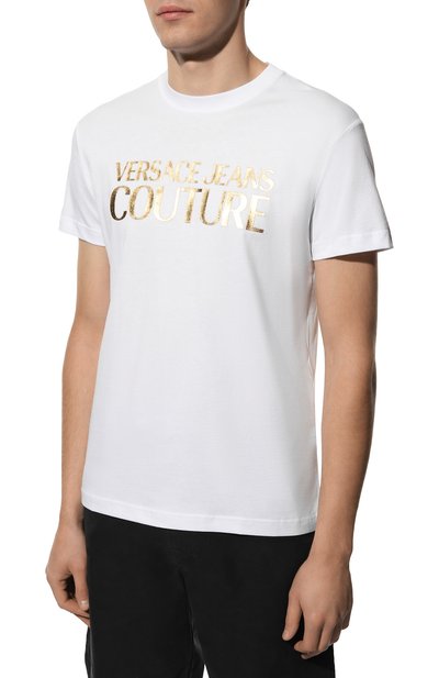 Хлопковая футболка VERSACE JEANS COUTURE, арт. 72GAHT01-72UP600 S L0G0 THICK F0IL WHITE+G0LD/CJ00, фото 3
