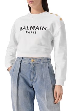 Женский хлопковый свитшот BALMAIN белого цвета, арт. EF1JQ002/BB02 | Фото 3 (Материал сплава: Проставлено; Драгоценные камни: Проставлено; Рукава: Длинные; Длина (для топов): Укороченные; Стили: Спорт-шик; Женское Кросс-КТ: Свитшот-одежда; Материал внешний: Хлопок)