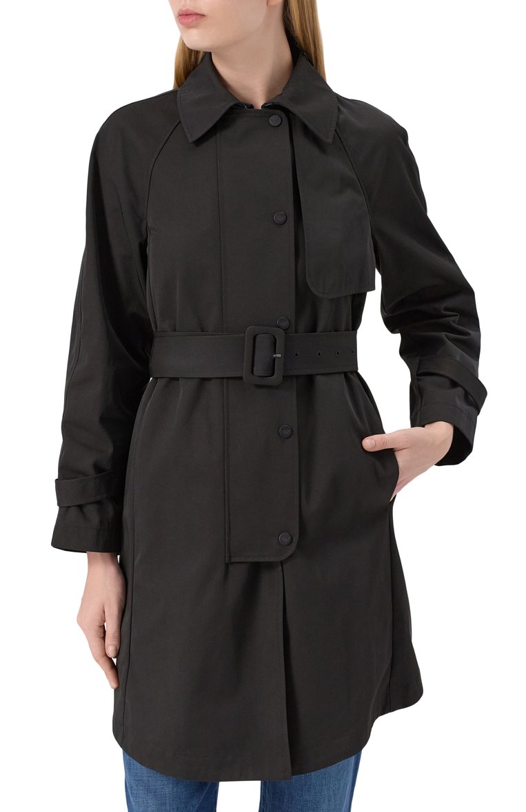 Женский тренч EMPORIO ARMANI черного цвета, арт. EW000638/AF12646 | Фото 3 (Длина (верхняя одежда): До середины бедра; Материал подклада: Синтетический материал; Рукава: Длинные; Кросс-КТ: Куртка; Стили: Кэжуэл; Материал внешний: Хлопок, Синтетический материал)
