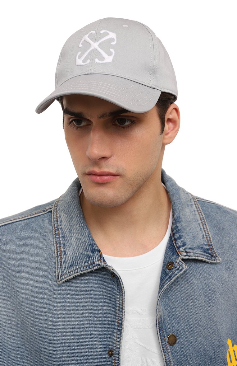 Мужская хлопковая бейсболка OFF-WHITE серого цвета, арт. 0MLB052S24FAB006 | Фото 2 (Материал: Хлопок, Текстиль; Нос: Не проставлено)