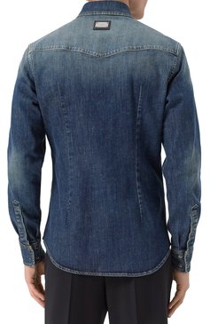 Мужская джинсовая рубашка DOLCE & GABBANA темно-синего цвета, арт. G5JC8D/G8GW9 | Фото 4 (Рукава: Длинные; Материал сплава: Проставлено; Длина (для топов): Стандартные; Материал внешний: Хлопок, Деним; Драгоценные камни: Проставлено; Стили: Кэжуэл; Манжеты: На кнопках; Принт: Однотонные; Случай: Повседневный; Рубашки М: Slim Fit; Кросс-КТ: Деним; Воротник: Акула)
