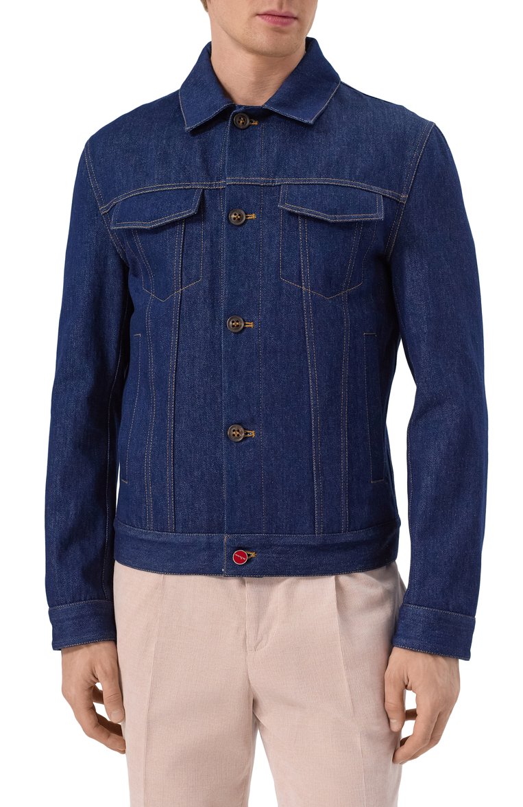Мужская дж�инсовая куртка KITON темно-синего цвета, арт. UW2095V0859F01 | Фото 3 (Длина (верхняя одежда): Короткие; Материал внешний: Хлопок, Деним; Материал подклада: Купро; Рукава: Длинные; Кросс-КТ: Деним, Легкие; Стили: Кэжуэл)