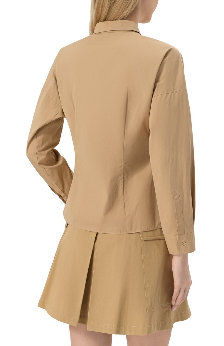 Женская хлопковая рубашка WEEKEND MAX MARA бежевого цвета, арт. SKIPPER | Фото 4 (Рукава: Длинные; Материал внешний: Хлопок; Автоматизация ТО: Проставлено; Автоматизация состава: Проставлено; Длина (для топов): Стандартные; Женское Кросс-КТ: Рубашка-одежда; Принт: Без принта; Стили: Кэжуэл)