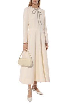 Женское платье из шерсти и шелка VALENTINO кремового цвета, арт. 3B3VA4351CF | Фото 2 (Материал внешний: Шелк, Шерсть; Материал сплава: Проставлено; Драгоценные камни: Проставлено; Рукава: Длинные; Длина Ж (юбки, платья, шорты): Миди; Случай: Повседневный; Стили: Романтичный; �Женское Кросс-КТ: Платье-одежда)