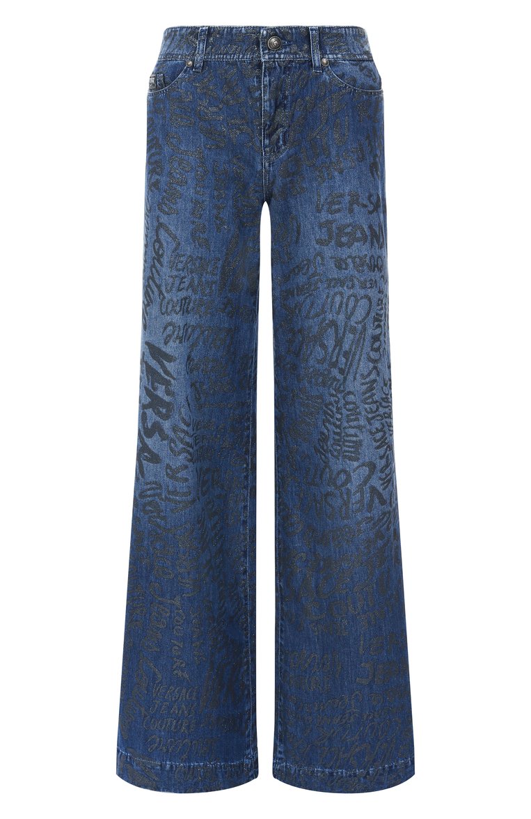 Женские джинсы VERSACE JEANS COUTURE синего цвета, арт. 78HAB50G/DS025LF1 | Фото 1 (Автоматизация состава: Проставлено; Длина (брюки, джинсы): Удлиненные; Материал внешний: Хлопок, Деним; Автоматизация ТО: Проставлено; Детали: Принт; Силуэт Ж (брюки и джинсы): Широкие; Стили: Кэжуэл; Кросс-КТ: Деним)