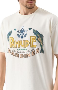Мужская хлопковая футболка RHUDE белого цвета, арт. RHPS25TT09012 | Фото 5 (Драгоценные камни: Проставлено; Материал сплава: Проставлено; Длина (для топов): Стандартные; Рукава: Короткие; Принт: С принтом; Стили: Кэжуэл; Материал внешний: Хлопок; Мужское Кросс-КТ: Футболка-одежда; Кросс-КТ: Джерси)