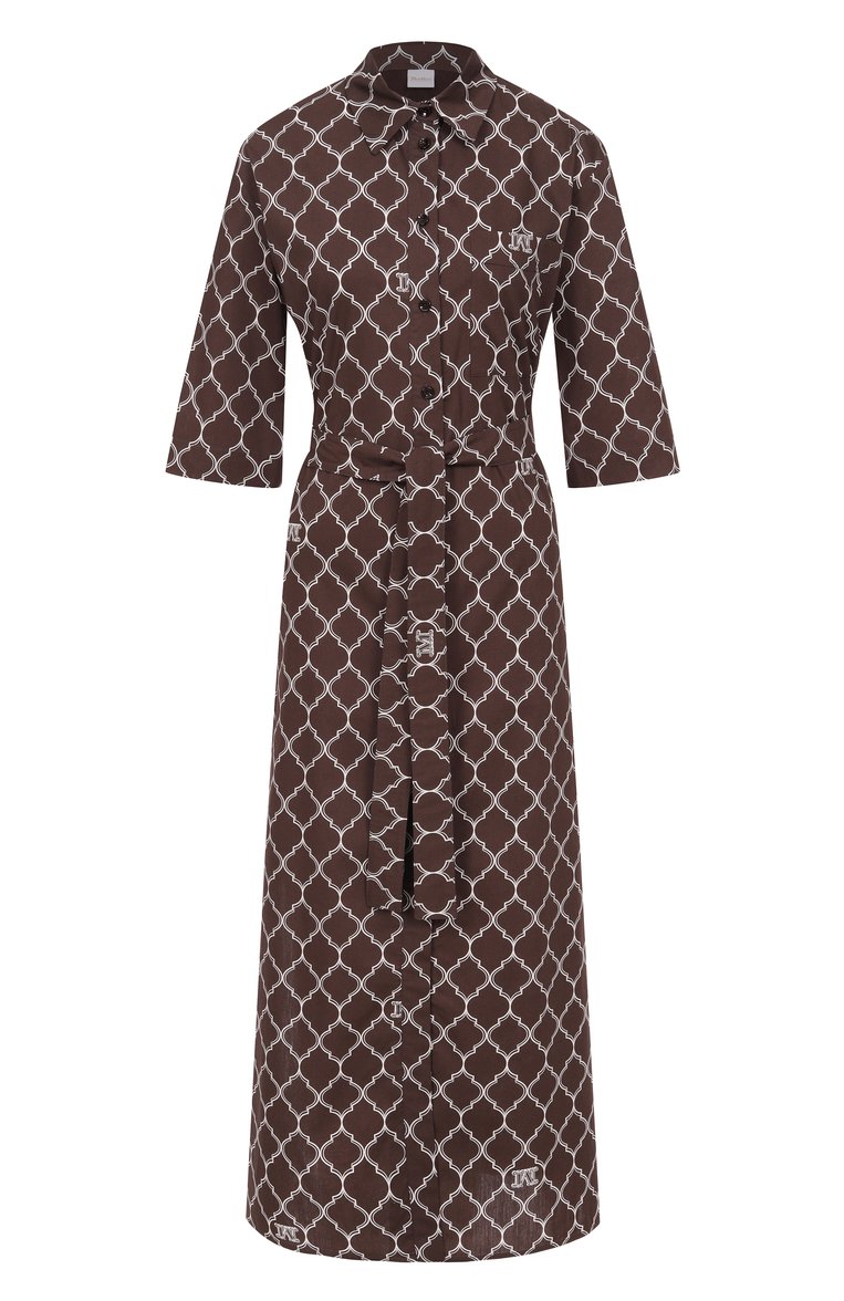 Женское хлопковое платье MAX MARA коричневого цвета, арт. DANIEL 2516221049 | Фото 1 (Материал внешний: Хлопок; Рукава: 3/4; Автоматизация состава: Проставлено; Автоматизация ТО: Проставлено; Длина Ж (юбки, платья, шорты): Миди; Случай: Повседневный; Стили: Кэжуэл; Женское Кросс-КТ: Платье-одежда)