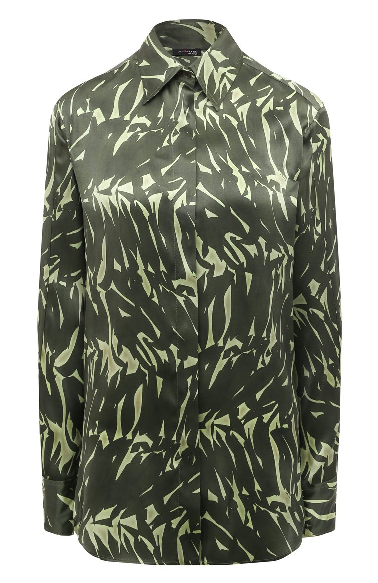 Женская атласная блузка KITON зеленого цвета, арт. D55442K0978C | Фото 1 (Рукава: Длинные; Материал внешний: Шелк; Длина (для топов): Стандартные; Стили: Кэжуэл; Принт: С принтом; Женское Кросс-КТ: Блуза-одежда; Кросс-КТ: костюм; Автоматизация состава: Проставлено; Автоматизация ТО: Проставлено)