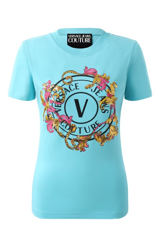 Хлопковая футболка Versace Jeans Couture 78HAHC01/CJ02C Голубой 78HAHC01/CJ02C