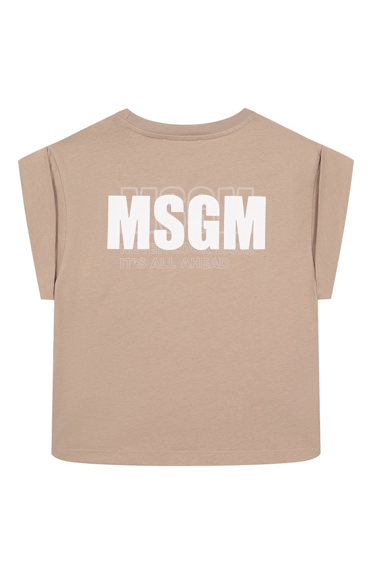 Детская хлопковая футболка MSGM KIDS бежевого цвета, арт. S5MSJGTH083 | Фото 2 (Рукава: Короткие; Материал внешний: Хлопок; Девочки Кросс-КТ: футболка-одежда, Футболка-спорт; Автоматизация состава: Проставлено; Автоматизация ТО: Проставлено; Ростовка одежда: 6 лет | 116 см, 12 лет | 152 см, 8 лет | 128 см, 10 - 11 лет | 140 - 146см, 16 лет | 164 см)