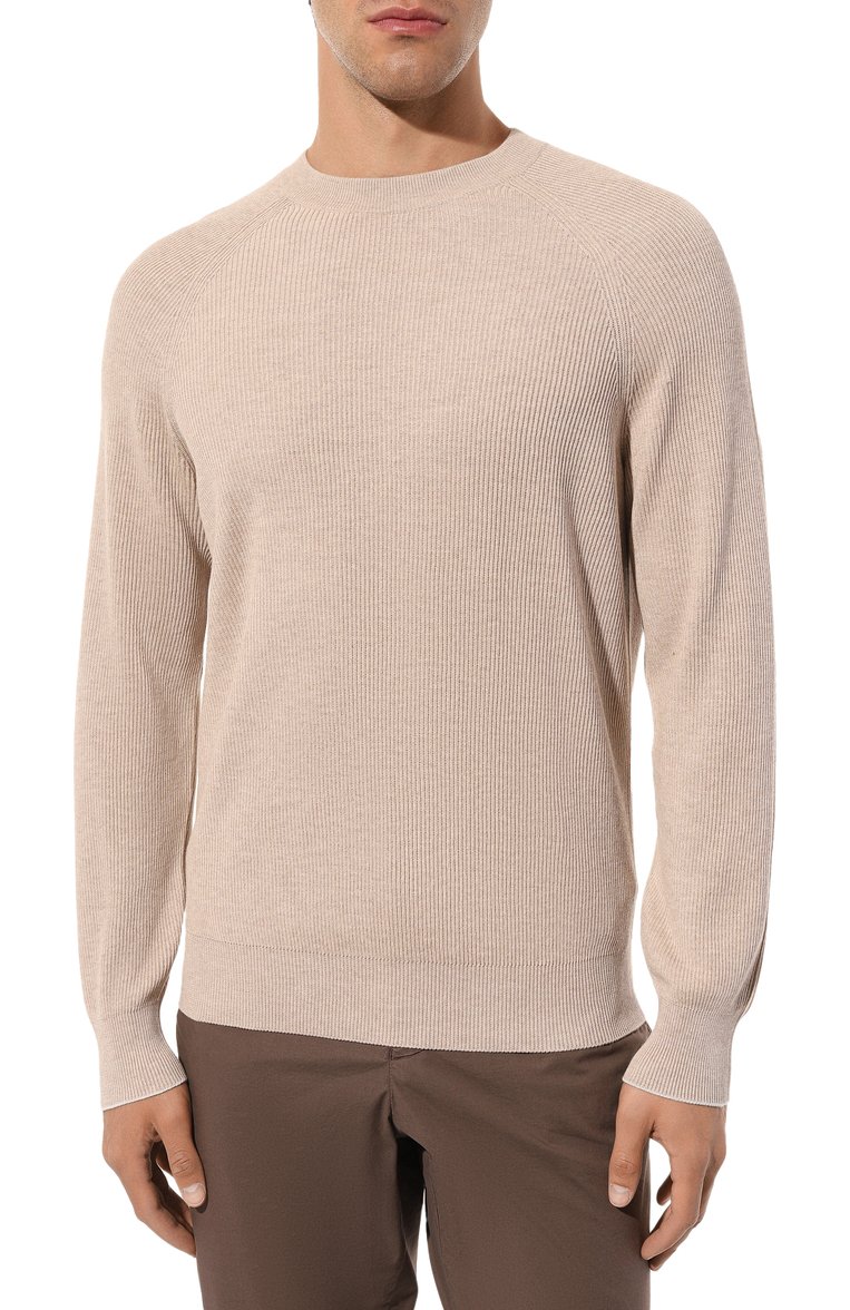 Мужской хлопковый джемпер BRUNELLO CUCINELLI бежевого цвета, арт. M29400100 | Фото 3 (Длина (для топов): Стандартные; Материал внешний: Хлопок; Рукава: Длинные; Принт: Без принта; Мужское Кросс-КТ: Джемперы; Вырез: Круглый; Стили: Кэжуэл; Материал сплава: Проставлено; Драгоценные камни: Проставлено)