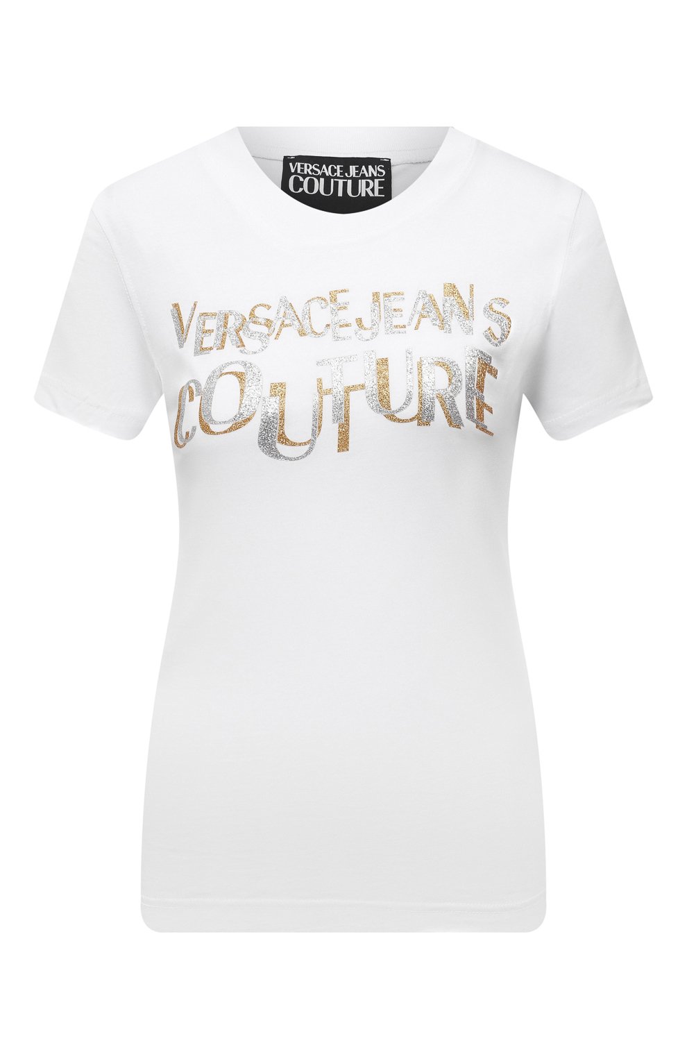 Хлопковая футболка VERSACE JEANS COUTURE белого цвета по цене 13950 руб., арт. 71HAHT02-71DP608 S 2 L0G0 GLITTER/CJ00T, фото 1 Хлопковая футболка VERSACE JEANS COUTURE, арт. 71HAHT02-71DP608 S 2 L0G0 GLITTER/CJ00T, фото 1