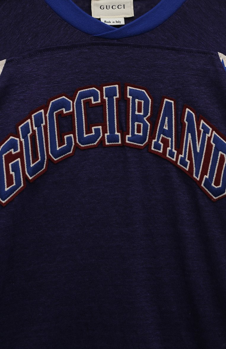 Детская льняная футболка GUCCI синего цвета, арт. 591460 XJB3Y | Фото 3 (Рукава: Короткие; Материал внешний: Лен; Мальчики Кросс-КТ: Футболка-одежда; Автоматизация состава: Проставлено; Автоматизация ТО: Проставлено)