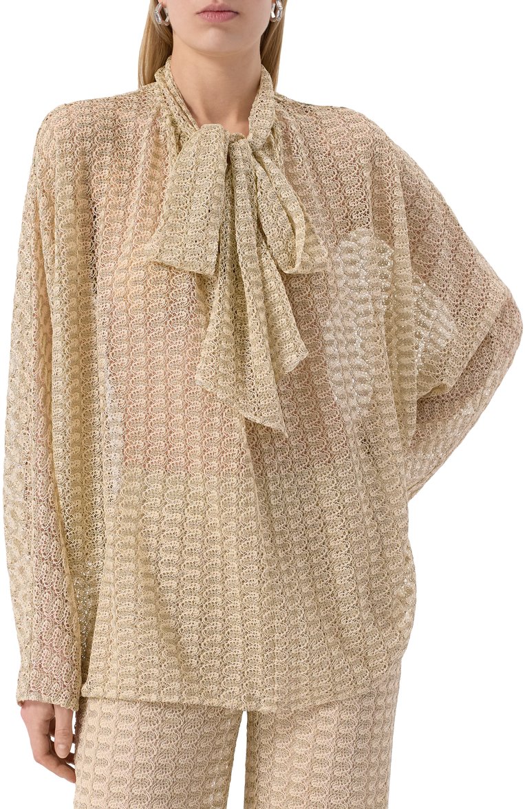 Женская блузка из вискозы MISSONI бежевого цвета, арт. DS25SJ08/BR010R | Фото 3 (Длина (для топов): Удлиненные; Автоматизация ТО: Проставлено; Материал внешний: Вискоза; Автоматизация состава: Проставлено; Рукава: Длинные; Кросс-КТ: костюм; Принт: Без принта; Женское Кросс-КТ: Блуза-одежда; Стили: Бохо)
