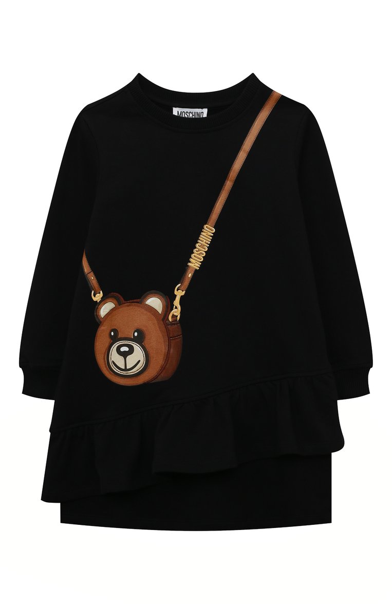 Детское хлопковое платье MOSCHINO черного цвета, арт. HDV0C0/LDA16/10A-14A | Фото 1 (Материал внешний: Хлопок; Рукав�а: Длинные; Девочки Кросс-КТ: Платье-одежда; Случай: Повседневный; Ростовка одежда: 10 - 11 лет | 140 - 146см, 12 лет | 152 см, 13 - 15 лет | 158 см)