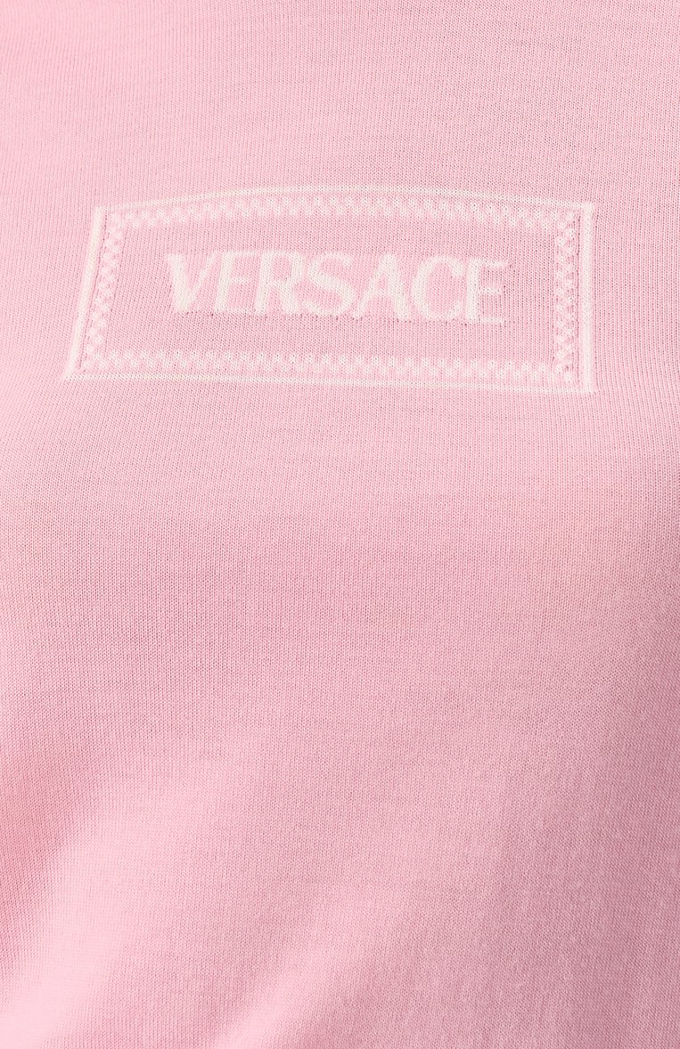 Женский шерстяной топ VERSACE розового цвета, арт. 1016786/1A13221 | Фото 6 (Длина (для топов): Стандартные; Рукава: Короткие; Материал внешний: Шерсть; Стили: Кэжуэл; Кросс-КТ: Трикотаж)