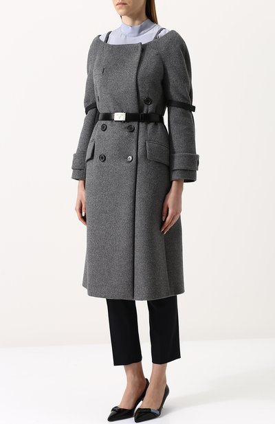 Двубортное шерстяное пальто с поясом и вырезом-лодочка PRADA, арт. P622HK-1QLO-F0H16, фото 3