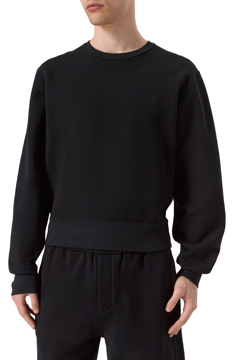 Мужской хлопковый свитшот SAINT LAURENT черного цвета, арт. 820127/Y36SW | Фото 3 (Автоматизация ТО: Проставлено; Рукава: Длинные; Длина (для топов): Стандартные; Автоматизация состава: Проставлено; Материал внешний: Хлопок; Мужское Кросс-КТ: свитшот-одежда; Принт: Без принта; Стили: Спорт-шик; Детали: Без декора)