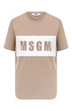 Женская хлопковая футболка MSGM бежевого цвета, арт. 3541MDM520/237798 | Фото 1 (Рукава: Короткие; Длина (для топов): Стандартные; Принт: С принтом; Материал сплава: Проставлено; Материал внешний: Хлопок; Стили: Спорт-шик; Женское Кросс-КТ: Футболка-одежда; Драгоценные камни: Проставлено)