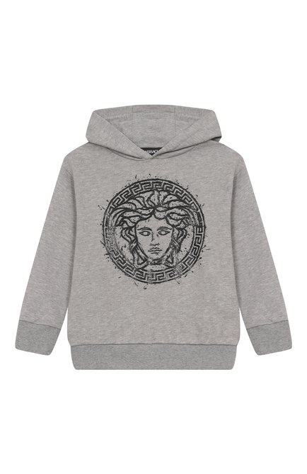 Детский хлопковое худи VERSACE серого цвета, арт. 1018333/1A13053/4A-6A | Фото 1 (Материал сплава: Проставлено; Драгоценные камни: Проставлено; Рукава: Длинные; Материал внешний: Хлопок)