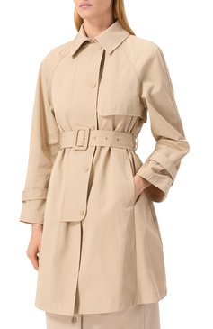 Женский тренч EMPORIO ARMANI бежевого цвета, арт. EW000638/AF12646 | Фото 3 (Рукава: Длинные; Материал подклада: Синтетический материал; Материал сплава: Проставлено; Драгоценные камни: Проставлено; Длина (верхняя одежда): До середины бедра; Стили: Кэжуэл; Кросс-КТ: Куртка; Материал внешний: Хлопок, Синтетический материал)