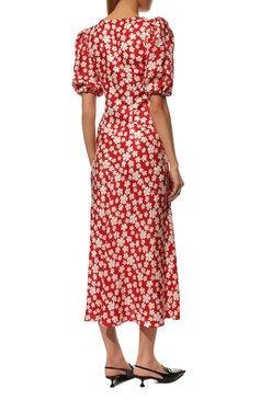 Женское шелковое платье MIU MIU красного цвета, арт. MF4530-10LD-F057S | Фото 4 (Длина Ж (юбки, платья, шорты): Миди; Материал внешний: Шелк; Рукава: 3/4; Женское Кросс-КТ: Платье-одежда; Случай: Повседневный; Стили: Романтичный; Драгоценные камни: Проставлено; Материал сплава: Проставлено)