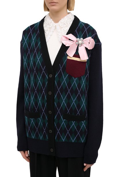 Шерстяной кардиган MIU MIU темно-зеленого цвета по цене 105000 руб., арт. MMF306-1ML4-F0422, фото 3 Шерстяной кардиган MIU MIU, арт. MMF306-1ML4-F0422, фото 3