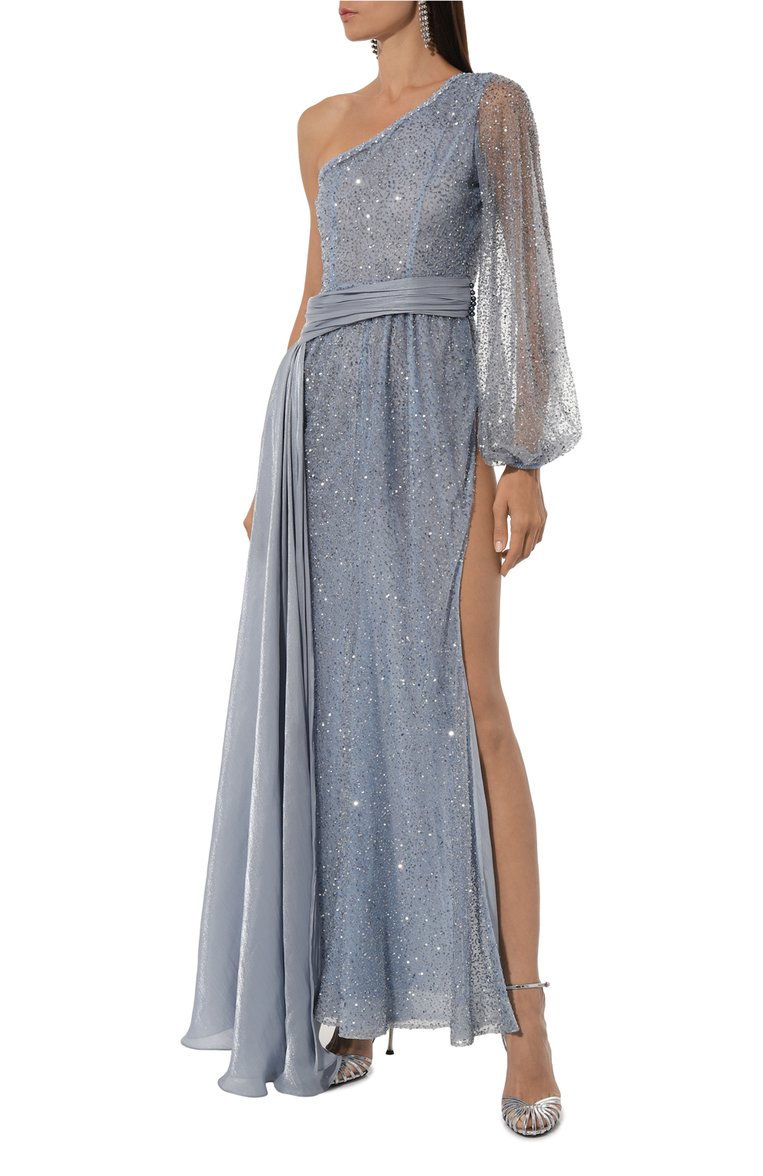Женское платье с отделкой пайетками SPERANZA COUTURE светло-голубого цвета, арт. SC031 | Фото 2 (Рукава: Длинные; Длина Ж (юбки, платья, шорты): Макси; Материал внешний: Синтетический материал; Женское Кросс-КТ: Платье-одежда; Случай: Вечерний; Стили: Гламурный)