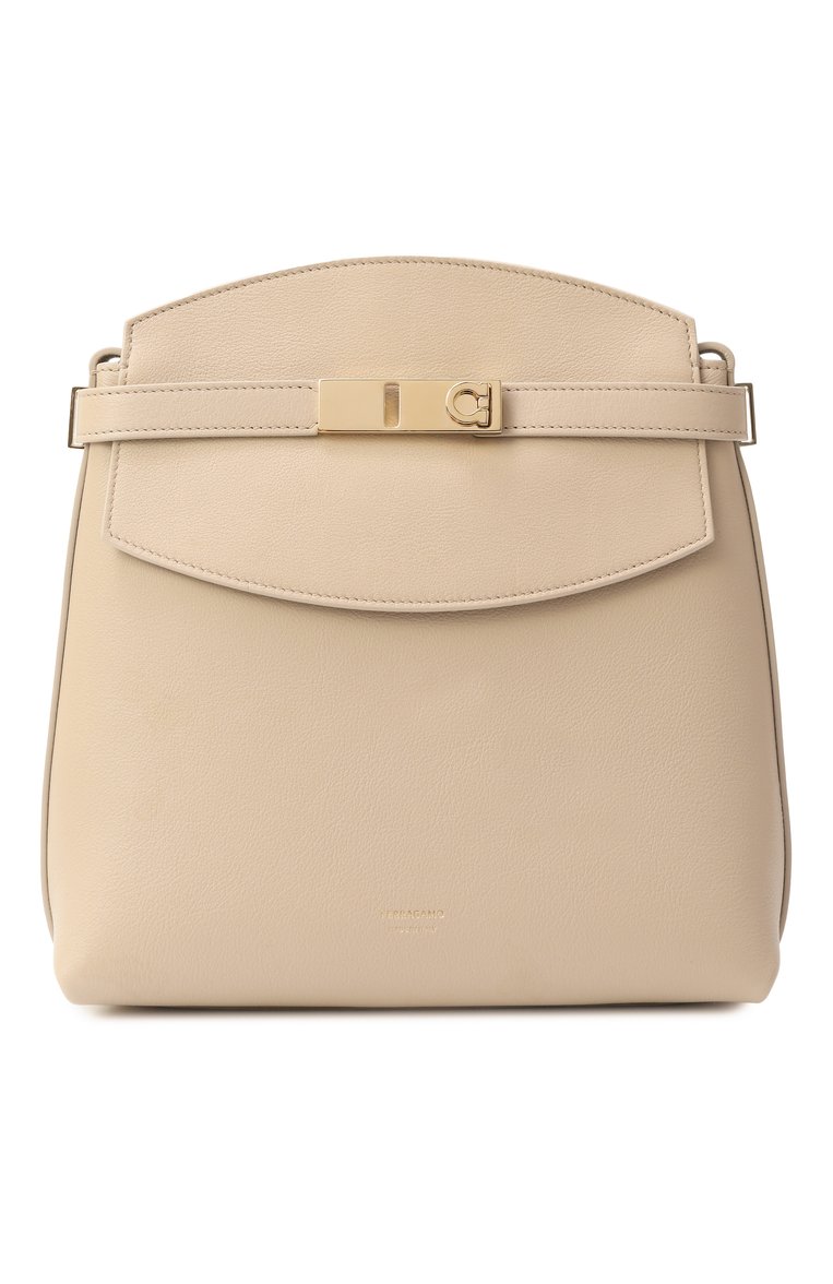 Женская сумка hug messenger FERRAGAMO светло-бежевого цвета, арт. 219912/780663 | Фото 1 (Ремень/цепочка: На ремешке; Материал: Натуральная кожа; Размер: small)