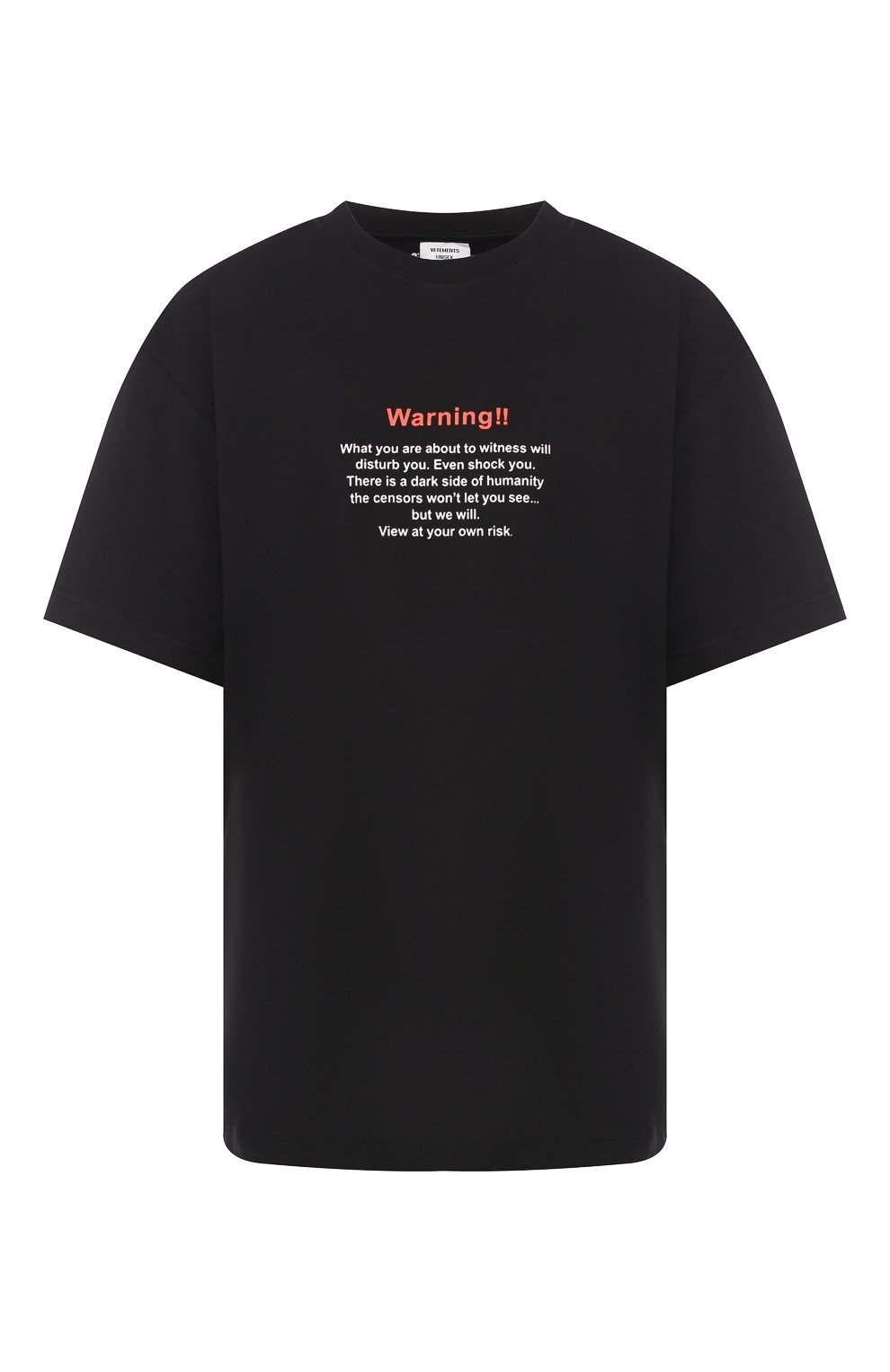 Хлопковая футболка VETEMENTS черного цвета по цене 22300 руб., арт. UAH20TR633/W, фото 1 Хлопковая футболка VETEMENTS, арт. UAH20TR633/W, фото 1