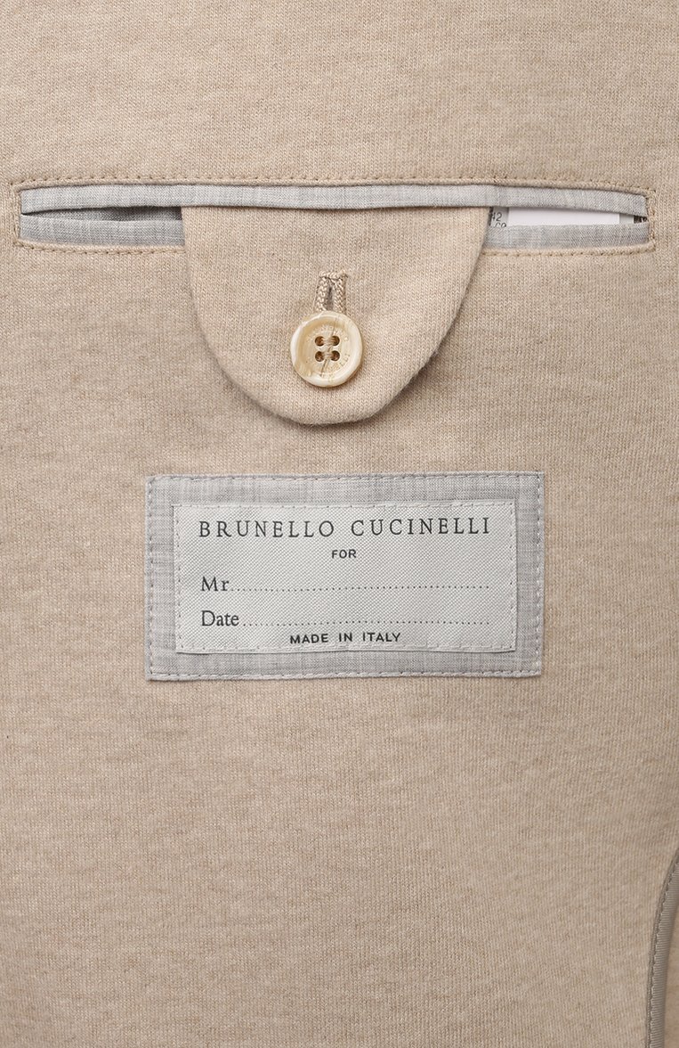 Мужской кашемировый пиджак BRUNELLO CUCINELLI светло-бежевого цвета, арт. ML8968J01 | Фото 8 (Рукава: Длинные; Материал подклада: Купро; Длина (для топов): Стандартные; Материал внешний: Кашемир, Шерсть; Материал сплава: Проставлено; Драгоценные камни: Проставлено; Пиджаки М: Приталенный; 1-2-бортные: Однобортные; Стили: Кэжуэл; Случай: Повседневный)