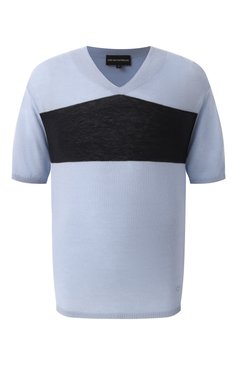 Мужской пуловер EMPORIO ARMANI голубого цвета, арт. EM000675/AF14197 | Фото 1 (Длина (для топов): Стандартные; Рукава: Короткие; Материал внешний: Шерсть, Хлопок; Материал сплава: Проставлено; Драгоценные камни: Проставлено; Стили: Кэжуэл; Вырез: V-образный; Мужское Кросс-КТ: Пуловеры; Принт: Без принта)