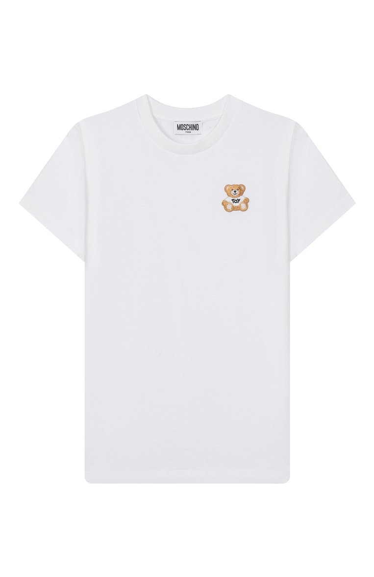 Детская хлопковая футболка MOSCHINO белого цвета, арт. H5M04K/LAA02/10-14 | Фото 1 (Материал внешний: Хлопок; Рукава: Короткие; Девочки Кросс-КТ: футболка-одежда; Автоматизация ТО: Проставлено; Автоматизация состава: Проставлено; Ростовка одежда: 10 - 11 лет | 140 - 146см, 12 лет | 152 см, 16 лет | 164 см)