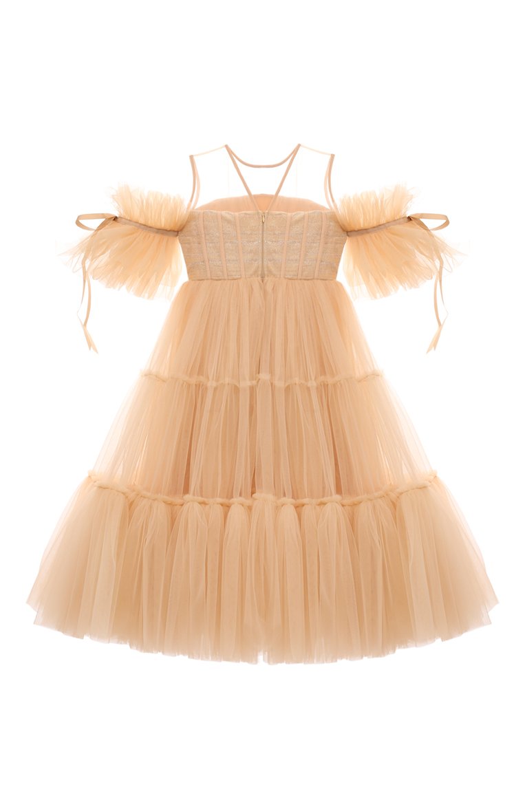 Детское платье venice SASHA KIM бежевого цвета, арт. УТ-00001604 | Фото 2 (Рукава: Короткие; Драгоценные камни: Проставлено; Материал сплава: Проставлено; Материал внешний: Синтетический материал; Материал подклада: Вискоза; Случай: Вечерний; Девочки Кросс-КТ: Платье-одежда; Ростовка одежда: 6 лет | 116 см, 10 - 11 лет | 140 - 146см, 12 лет | 152 см, 8 лет | 128 см)