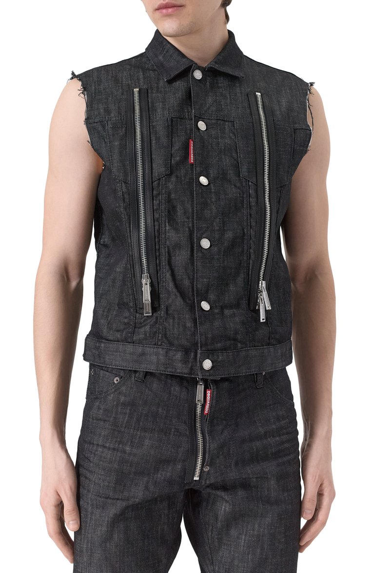 Мужской джинсовый жилет DSQUARED2 черного цвета, арт. S71FB0488/S30357 | Фото 3 (Драгоценные камни: Проставлено; Материал сплава: Проставлено; Длина (верхняя одежда): Короткие; Матер�иал внешний: Деним, Хлопок; Кросс-КТ: Деним; Стили: Гранж)