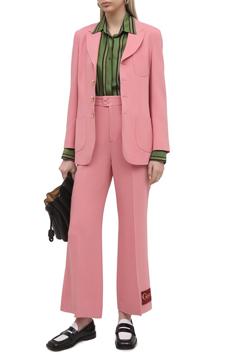 Женские брюки из вискозы GUCCI розового цвета, арт. 622206/ZKR01 | Фото 2 (Длина (брюки, джинсы): Стандартные; Материал внешний: Вискоза; Стили: Романтичный; Женское Кросс-КТ: Брюки-одежда; Силуэт Ж (брюки и джинсы): Расклешенные; Региональные ограничения белый список (Axapta Mercury): RU)