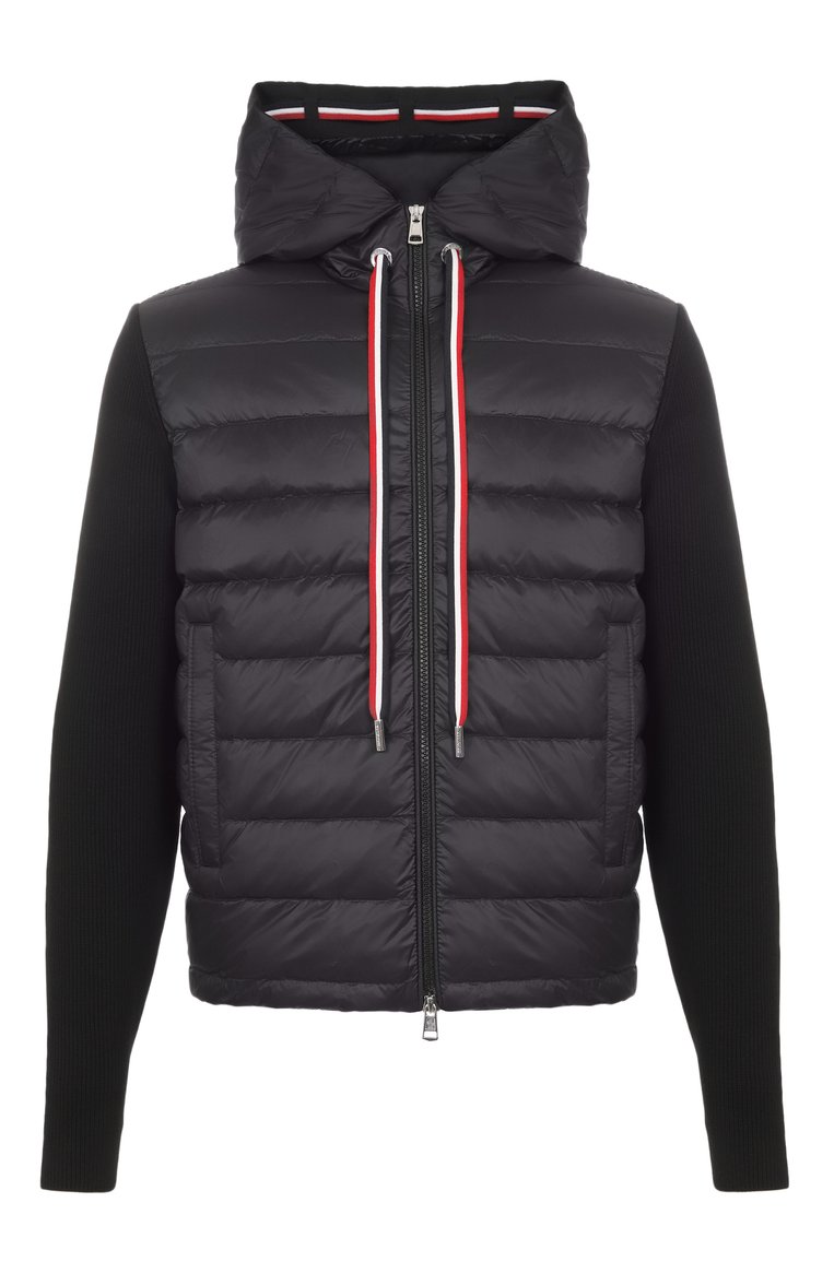 Мужской комбинированный кардиган MONCLER черного цвета, арт. 9B00005/M1367 | Фото 1 (Рукава: Длинные; Длина (для топов): Стандартные; Материал внешний: Хлопок; Мужское Кросс-КТ: Кардиган-одежда; Стили: Кэжуэл; Застежка: Молния; Материал утеплителя: Пух и перо)