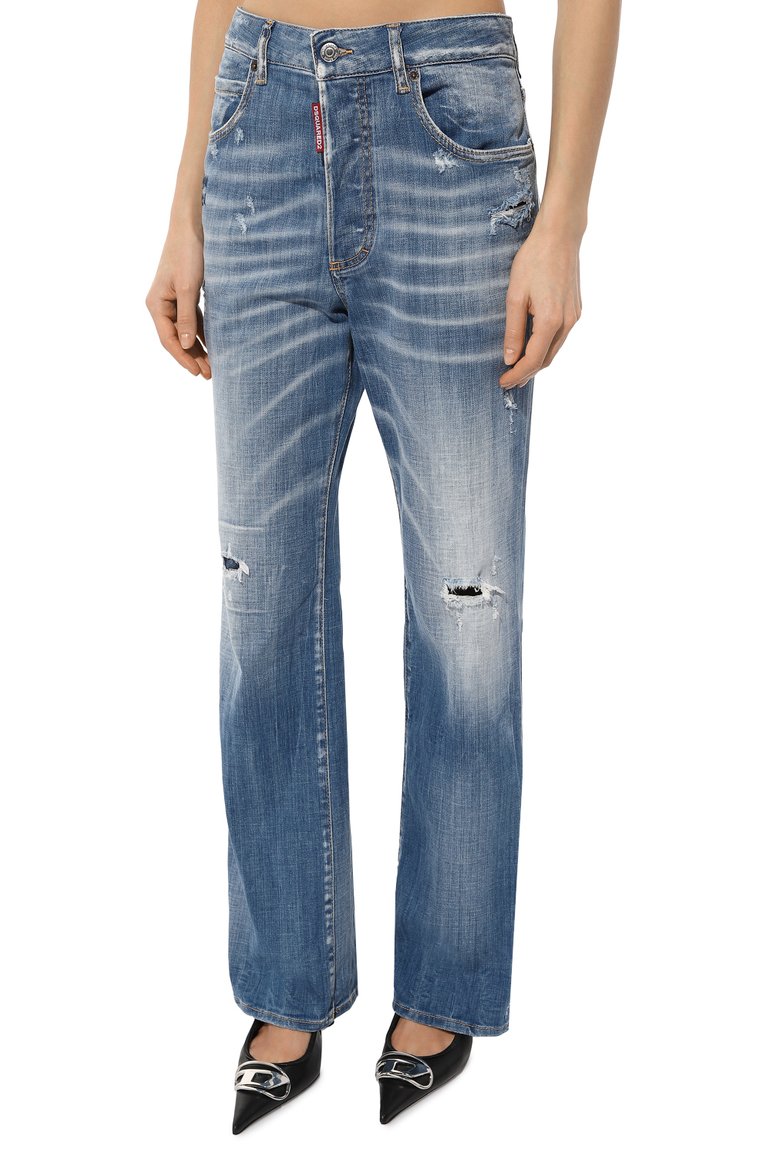 Женские джинсы roadie DSQUARED2 голубого цвета, арт. S75LB0872/S30342 | Фото 3 (Длина (брюки, джинсы): Стандартные; Материал внешний: Хлопок, Деним; Детали: Потертости; Стили: Гранж; Силуэт М (брюки): Широкие; Кросс-КТ: Деним)