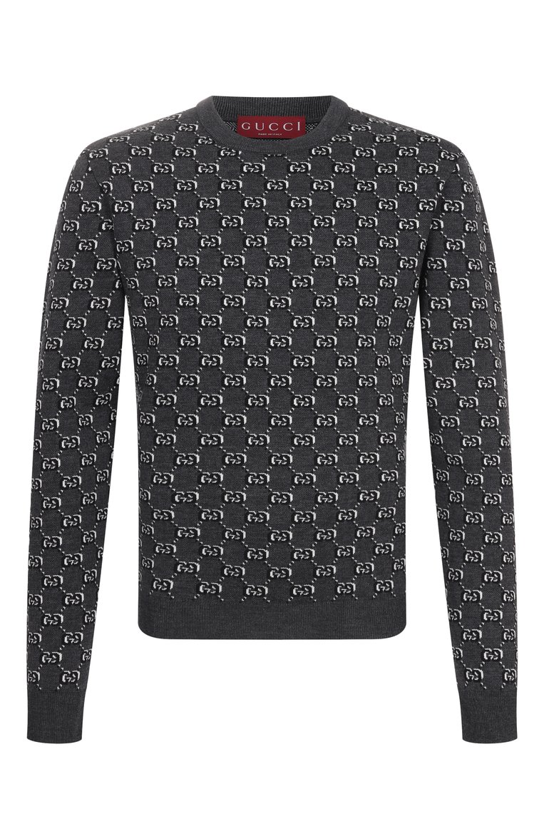Мужской шерстяной джемпер GUCCI темно-серого цвета, арт. 794503/XKEAP | Фото 1 (Длина (для топов): Стандартные; Рукава: Длинные; Материал внешний: Шерсть; Принт: С принтом; Вырез: Круглый; Стили: Кэжуэл; Мужское Кросс-КТ: Джемперы)