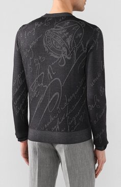 Мужской кашемировый джемпер BERLUTI темно-серого цвета, арт. R17KRL143-002 | Фото 4 (Длина (для топов): Стандартные; Рукава: Длинные; Материал внешний: Кашемир, Шерсть; Принт: С принтом; Мужское Кросс-КТ: Джемперы; Вырез: Круглый; Драгоценные камни: Проставлено; Материал сплава: Проставлено; Стили: Кэжуэл)