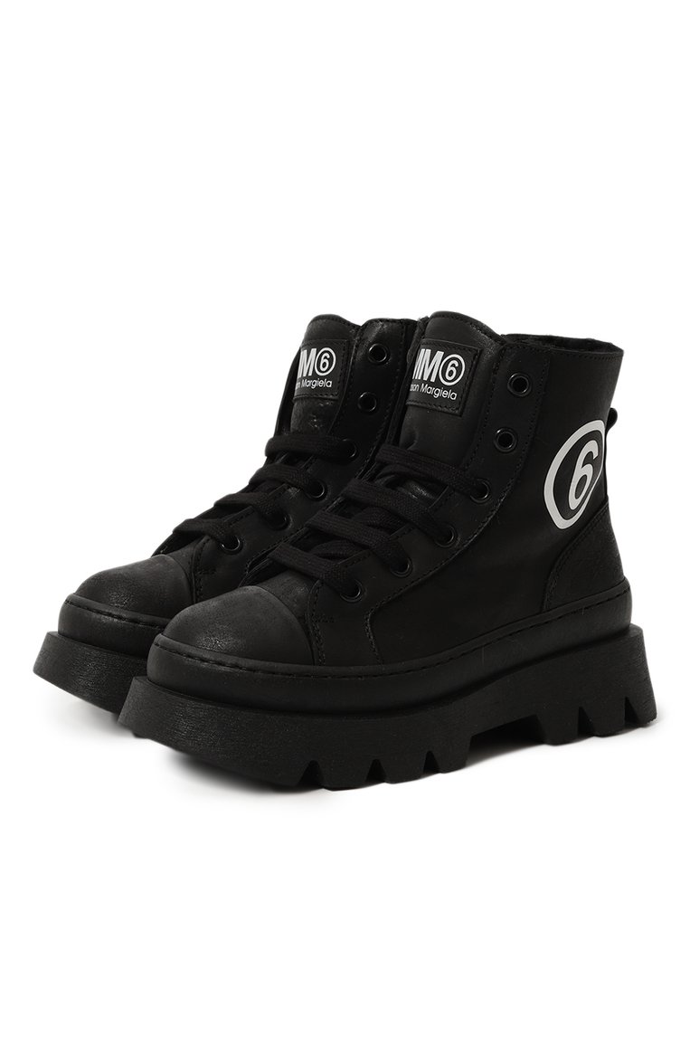 Детские кожаные ботинки MM6 черного цвета, арт. 75043/28-35 | Фото 1 (Материал утеплителя: Натуральный мех; Материал сплава: Проставлено; Нос: Не проставлено)