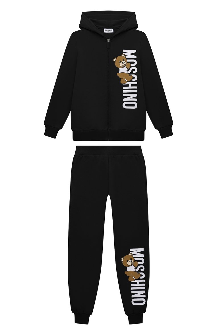 Детского комплект из толстовки и брюк MOSCHINO черного цвета, арт. HUK03M/LDA27/10-14 | Фото 1 (Рукава: Длинные; Материал сплава: Проставлено; Драгоценные камни: Проставлено; Материал внешний: Хлопок; Мальчики Кросс-КТ: Костюмы-спорт; Ростовка одежда: 10 - 11 лет | 140 - 146см, 12 лет | 152 см)