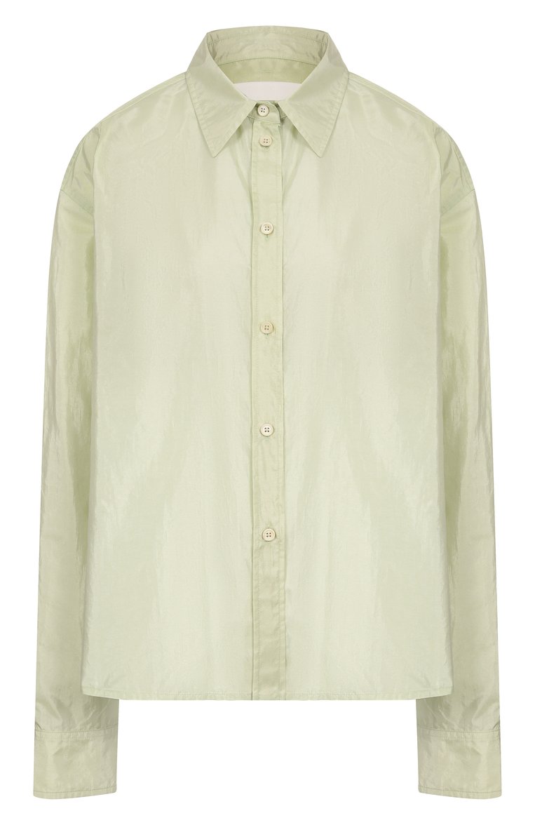 Женская рубашка JIL SANDER светло-зеленого цвета, арт. J40DL0165/J70003 | Фото 1 (Материал внешний: Шелк, Синтетический материал; Рукава: Длинные; Длина (для топов): Стандартные; Женское Кросс-КТ: Рубашка-одежда; Кросс-КТ: костюм; Принт: Без принта; Стили: Минимализм)