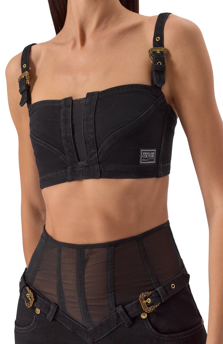 Женский джинсовый топ VERSACE JEANS COUTURE черного цвета, арт. 78HAM250/DW040L54 | Фото 5 (Длина (для топов): Укороченные; Материал внешний: Хлопок, Деним; Кросс-КТ: костюм, Деним; Рукава: На бретелях; Стили: Гламурный)
