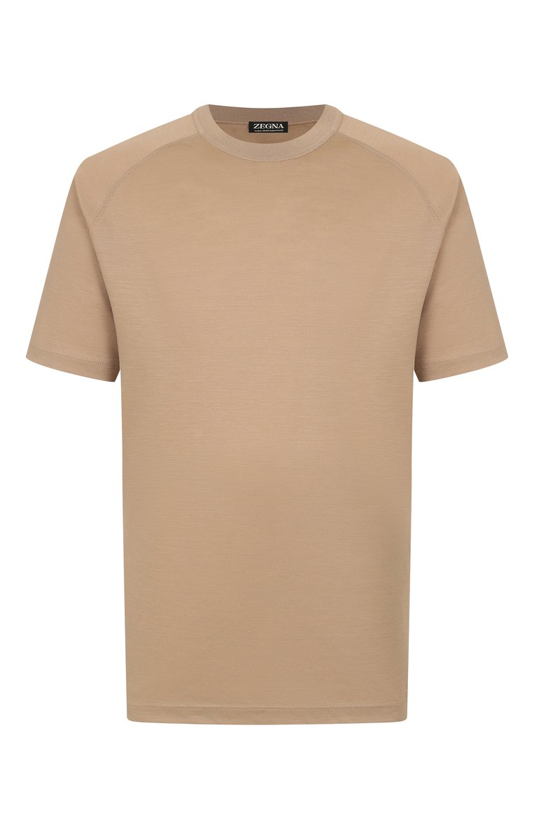 Мужская шерстяная футболка ZEGNA бежевого цвета, арт. FCT706/UF328A9 | Фото 1 (Рукава: Короткие; Материал внешний: Шерсть; Длина (для топов): Стандартные; Принт: Без принта; Мужское Кросс-КТ: Футболка-одежда; Стили: Кэжуэл; Автоматизация состава: Проставлено; Детали: Без декора; Автоматизация ТО: Проставлено)
