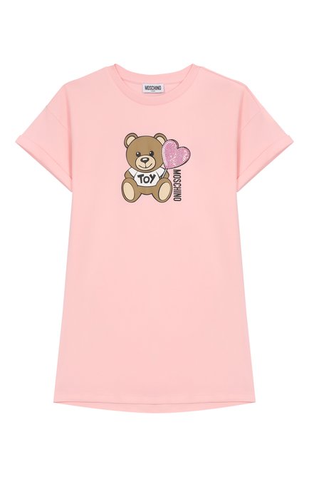 Детское хлопковое платье MOSCHINO светло-розового цвета, арт. HDV0G9/LAA40/10-14 | Фото 1 (Драгоценные камни: Проставлено; Рукава: Короткие; Материал внешний: Хлопок; Материал сплава: Проставлено)