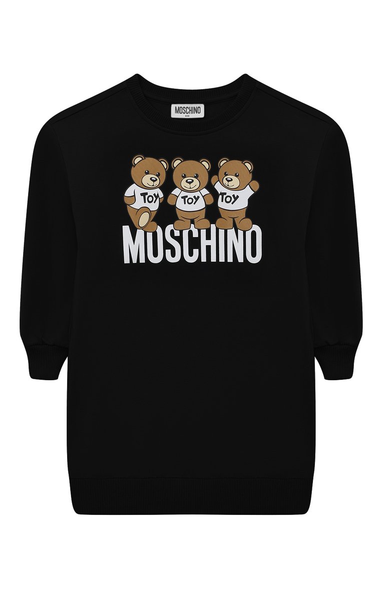 Детское хлопковое платье MOSCHINO черного цвета, арт. HDV0DP/LCA40/4A-8A | Фото 1 (Рукава: Длинные; Материал внешний: Хлопок; Случай: Повседневный)