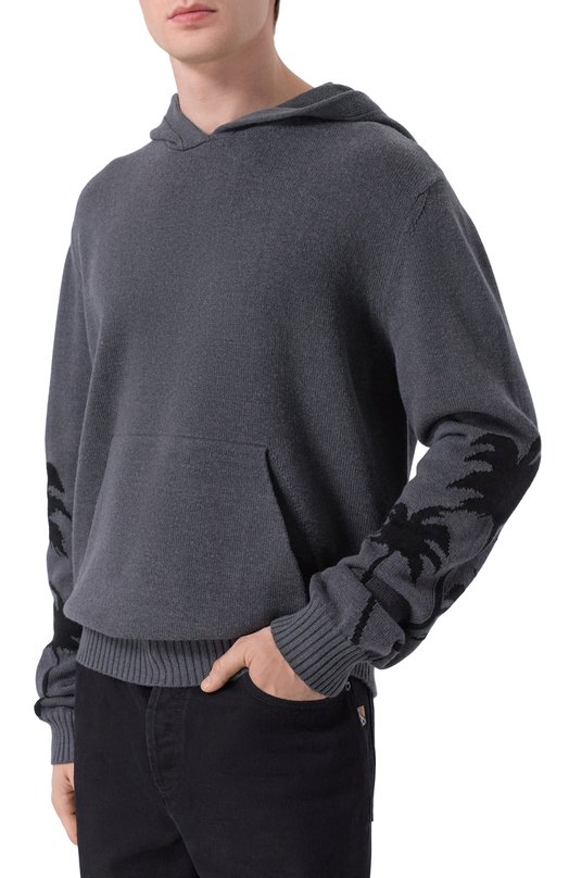 Худи из хлопка и шерсти Palm Angels PMHU026F25KNI001 Серый  PMHU026F25KNI001 Фото 3