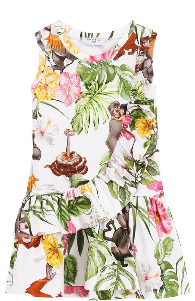 Хлопковое мини-платье с принтом и воланами MONNALISA, арт. 111916, фото 1